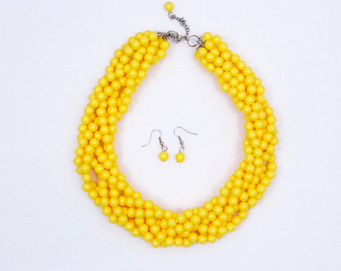 Yellow Braided Necklace Beaded Necklace Twisted Beads Necklace Chunky Necklace Cluster Necklace Statement Necklace Braided Necklace