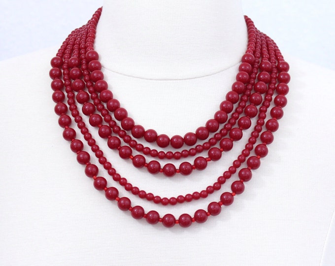 Deep Red Layered Statement Necklace Five Strand Necklace Chunky Bib Necklace Dark Red