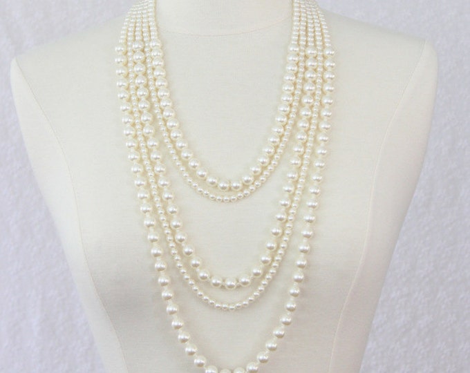 Multi Strand Pearl Statement Necklace Multi Layered Pearl Long Necklace Chunky Necklace Ivory White