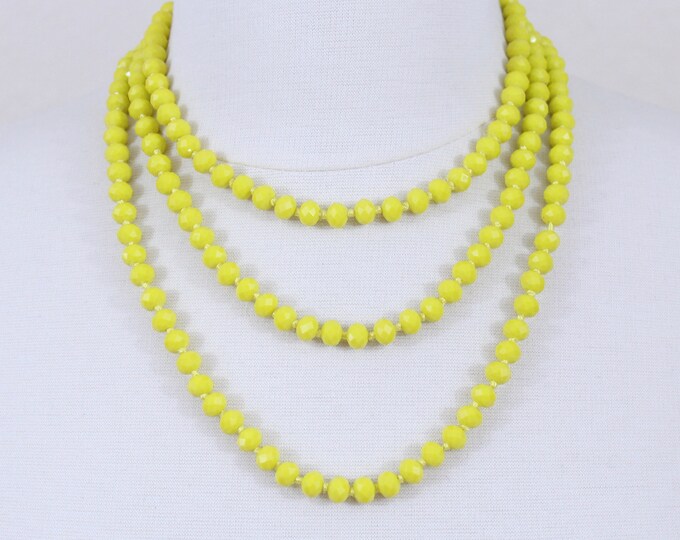 Yellow Crystal Beaded Long Necklace Deep Yellow Glass Beads Statement Necklace Layered Necklace