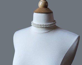 Gargantilla de perlas blancas: collar de perlas de vidrio de doble hebra