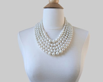 Chunky Ivory White Pearl Bib Necklace: Multi Strand Bridal Jewelry
