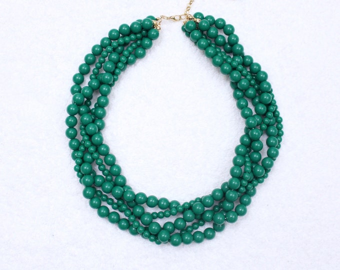 Green Braided Beaded Necklace Twisted Beads Necklace Chunky Necklace Cluster Necklace Statement Necklace Multi Layered Necklace Kelly Green