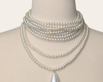 Gargantilla de perlas de múltiples hilos con colgante de lágrima, collar de perlas blancas, conjunto de joyería nupcial