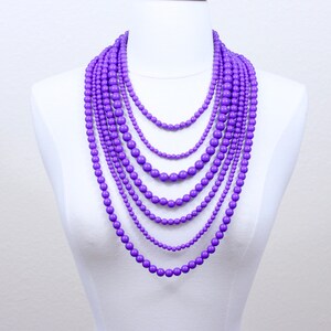 Purple Beaded Multi Strand Statement Necklace: Long Resin Beads