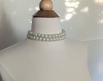 Gargantilla de perlas de doble hebra: collar de perlas de vidrio blanco marfil