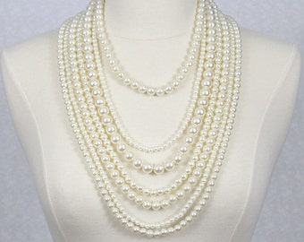 Multi Strand Pearl Statement Necklace: Seven Layered Beaded Design