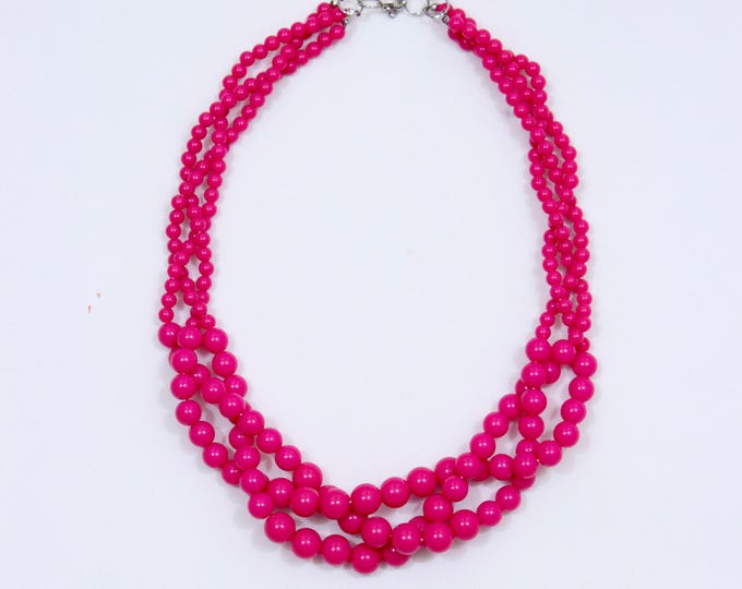 Fuchsia Braided Beaded Necklace, Hot Pink Chunky Statement Necklace, Twisted Beads Necklace, Brides Maids Necklaces, Wedding Jewelry
