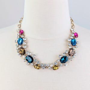 Rhinestone Flower Statement Necklace: Colorful Crystal Bib Choker