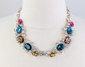 Rhinestone Flower Statement Necklace: Colorful Crystal Bib Choker