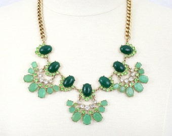 Green Jade Rhinestone Fan Necklace: Emerald Mint Bib Statement Jewelry