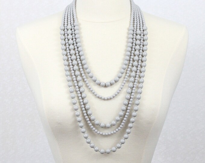 Multi Strand Beaded Necklace Multi Layered Statement Necklace Chunky Five Strand Long Beads Necklace Marble Gray