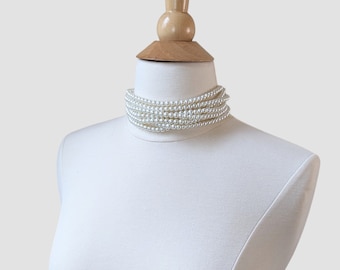 Gargantilla de perlas de cristal color marfil: collar de novia de 7 hilos