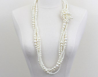 Chunky Multi Strand Pearl Necklace with Flower Brooch