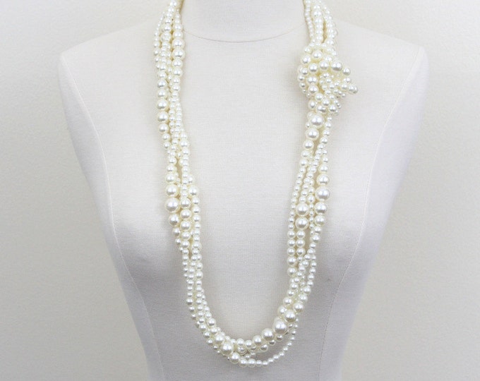 Multi layered pearl necklace twisted pearl necklace long chunky pearl necklace flower brooch pin pearl statement necklace bridal necklace