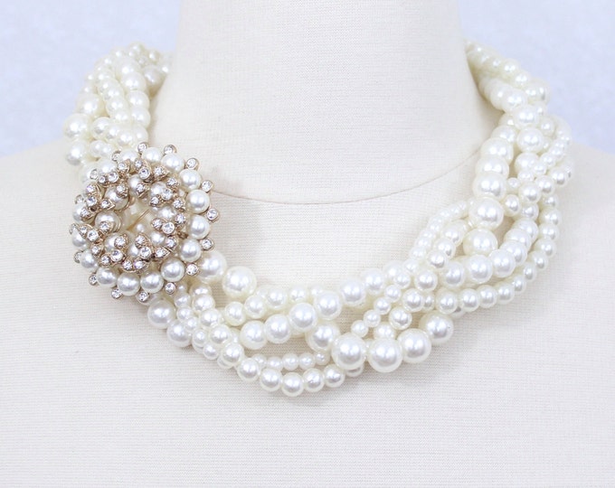 Braided Pearl Necklace Bridal Pearl Necklace Statement Necklace Twisted Pearl Necklace Choker with Pearl Flower Brooch Pin Brides Maids