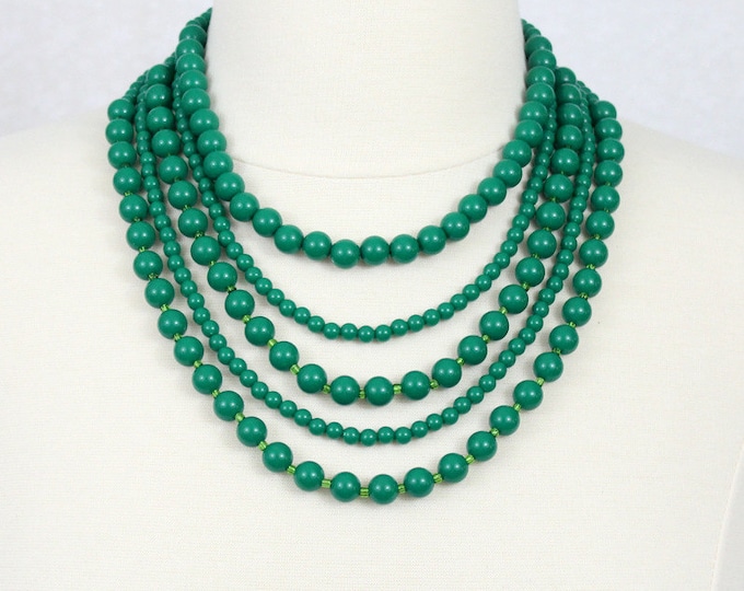 Green Layered Statement Necklace Five Strand Necklace Chunky Bib Necklace