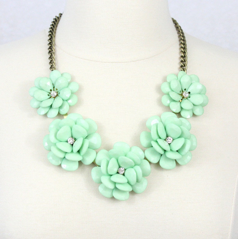 Mint Flower Necklace Statement Necklace Beaded Rose Necklace Peony Necklace Green Necklace image 1