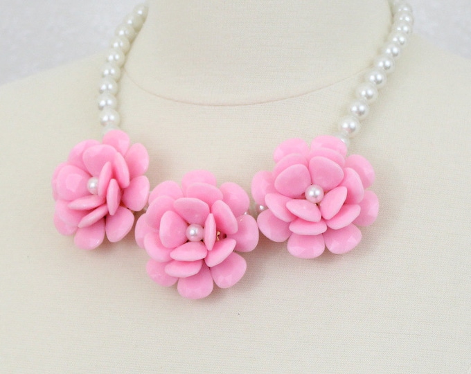 Pink Rose Statement Necklace Flower Bib Necklace Large Flower Necklace Big Three Flower Necklace Chunky Floral Necklace