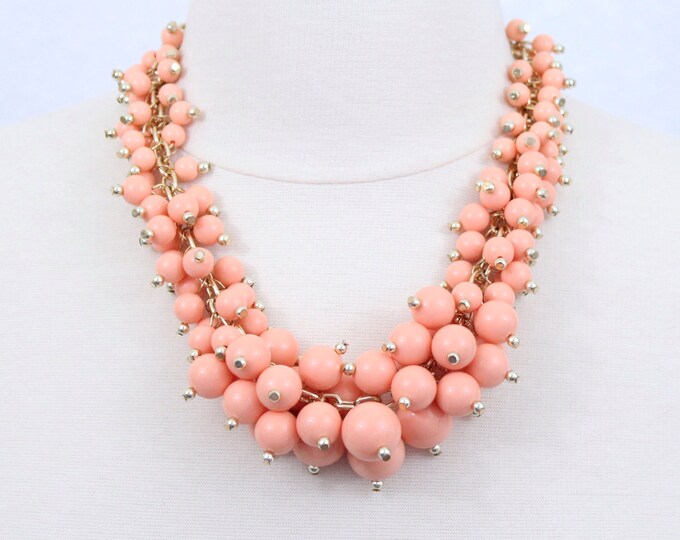 Coral Clustered Beaded Necklace Statement Necklace Beads Chunky Necklace Bridesmaids Gift Holiday Gift FREE Matching Earrings