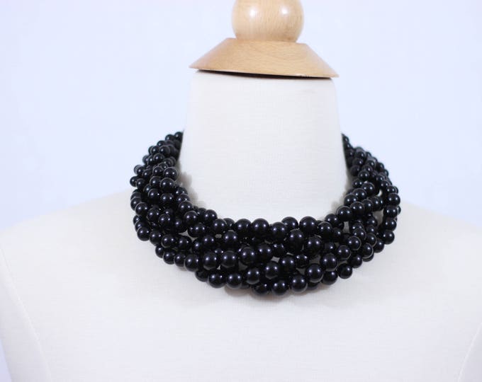 Black Statement Necklace Braided Beaded Necklace Twisted Beads Necklace Chunky Necklace Cluster Necklace  Braided Necklace Beaded Necklace