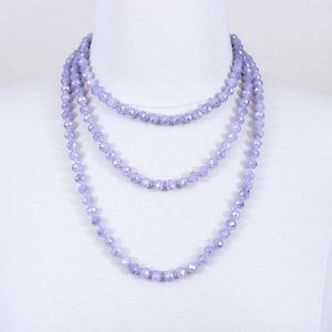 Lavender Glass Beaded Long Necklace: Light Purple Crystal Beads, 48&quot;
