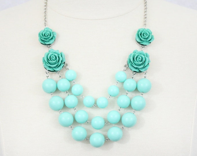 Mint Necklace Rose Necklace Bubble Necklace Statement Necklace Bib Necklace Green Mint Flower Necklace Beaded Necklace Brides Maids Gift