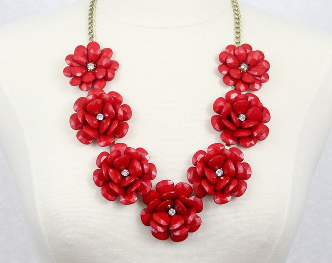 Red Rose Necklace Chunky Flower Statement Necklace Big Flower Necklace Red Rose Necklace Red Necklace Seven Flower Necklace Valentine's gift