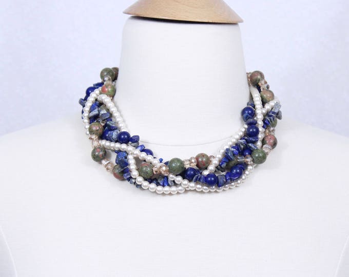 Navy Olive Champagne Pearl Stone Braided Necklace Chunky Statement Necklace Twisted Pearl Necklace Brides' Maids Jewelry Bridal Jewelry