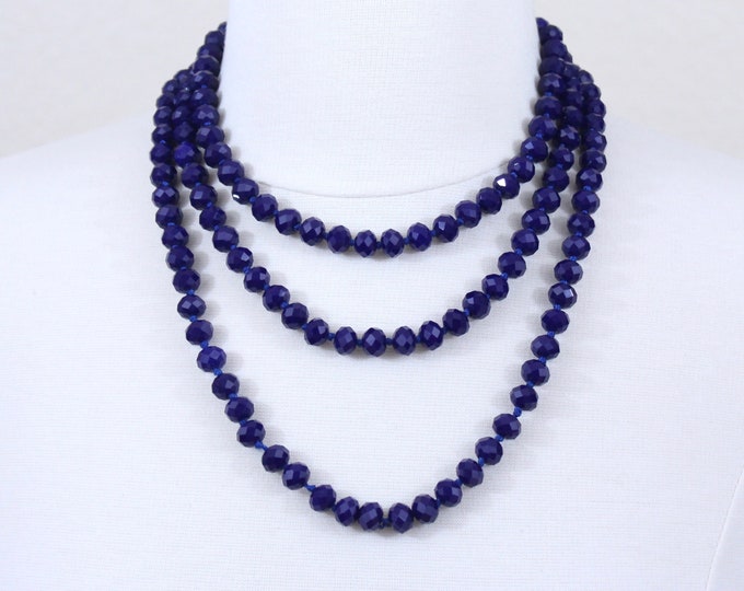 Navy Crystal Beaded Long Necklace Deep Blue Glass Beads Statement Necklace Layered Necklace
