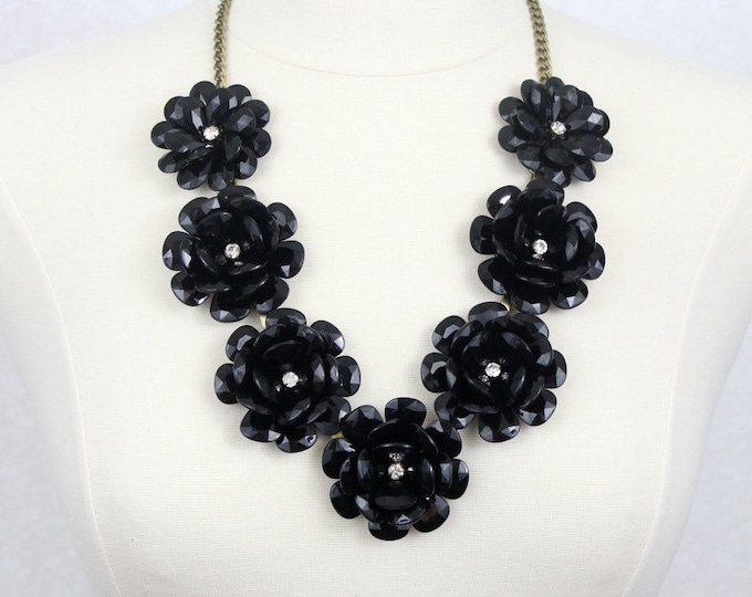 Black Flower Necklace Rose Statement Necklace Big Flower Necklace Black Necklace Chunky Bib Necklace Gift for Her Prom Jewelry