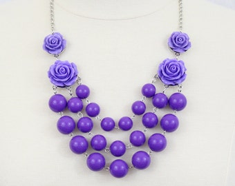 Purple necklace, rose necklace, violet floral bib necklace, statement necklace, rosette necklace, gift for her, bridesmaids gift