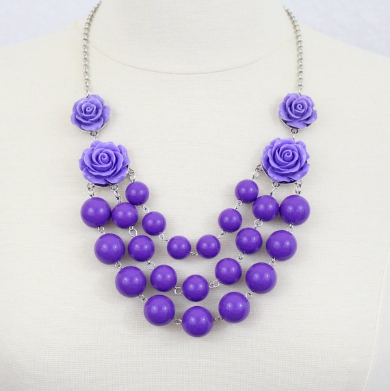 Purple Floral Bib Necklace: Resin Rosette Statement Jewelry  display picture 1