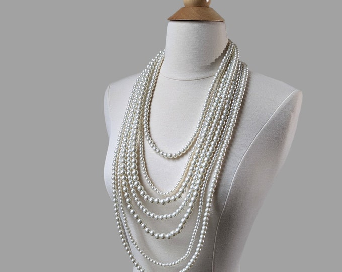 Long pearl statement necklace multi strands chunky pearl necklace wedding bride jewelry gift for her prom valentine's day gift mother's day