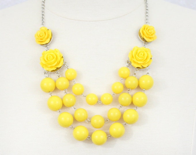 Multi Strand Rose Bubble Necklace Statement Necklace Bib Necklace Yellow