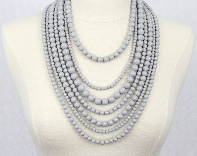 Grey Multi Strand Beaded Necklace Statement Necklace Multi Layered Beads Long Necklace Seven Strand Beads Necklace