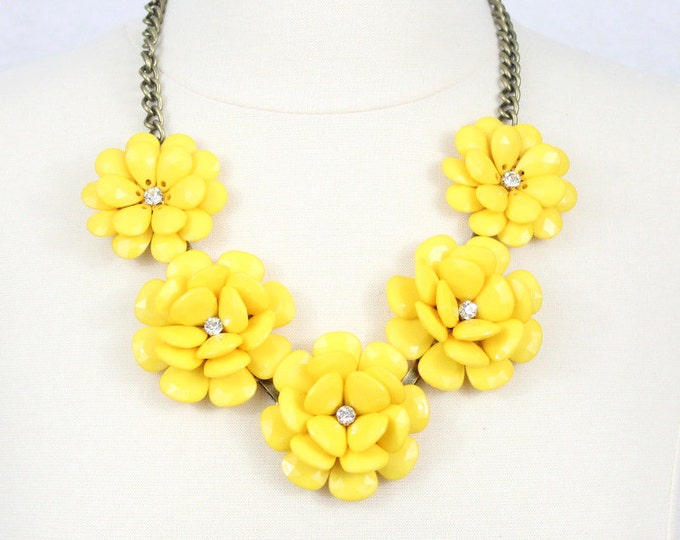 Yellow Flower Necklace Statement Necklace Beaded Rose Necklace Peony Necklace Five Large Flower Necklace