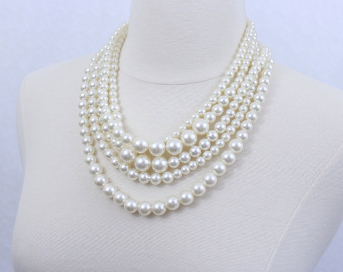 Chunky Pearl Statement Necklace Ivory Layered Pearl Necklace Bridal Pearl Necklace Five Strand Pearl Twisted Necklace Bridesmaids' Necklace