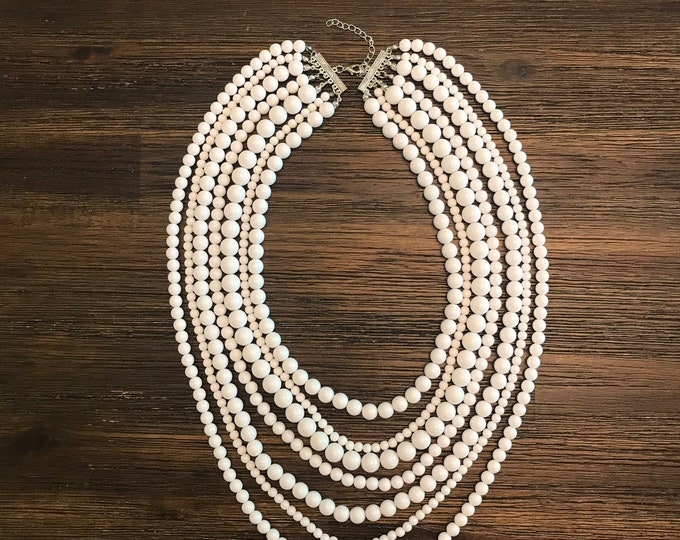 White Multi Strand Statement Necklace Layered Beads Long Necklace Seven Strand Beaded Necklace White Long Chunky Necklace