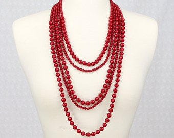 Multi Strand Statement Necklace Multi Layered Beads Statement Necklace Red Statement Necklace Long Necklace Five Strand Necklace