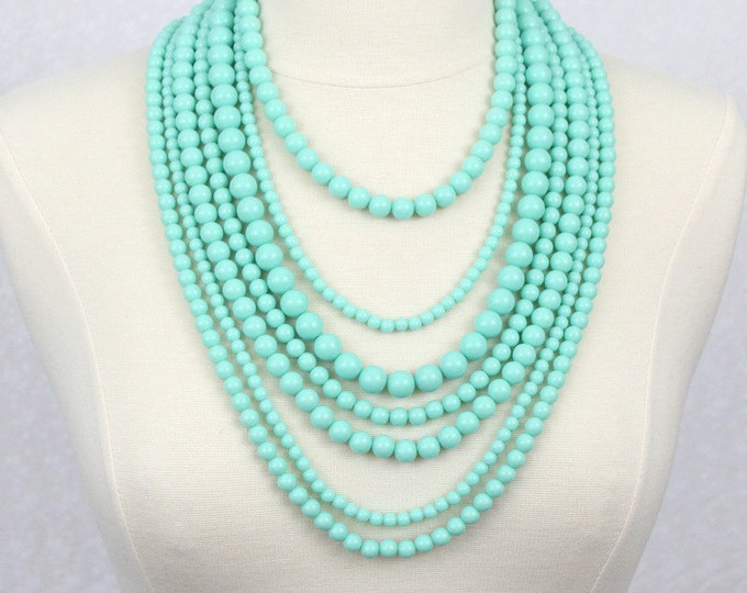 Mint Multi Strand Beaded Necklace Statement Necklace Multi Layered Beads Long Necklace Seven Strand Beads Necklace Green