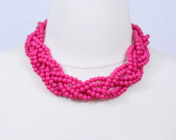 Fuchsia Braided Beaded Necklace Hot Pink Twisted Beads Cluster Necklace Statement Necklace Multi Layered Necklace