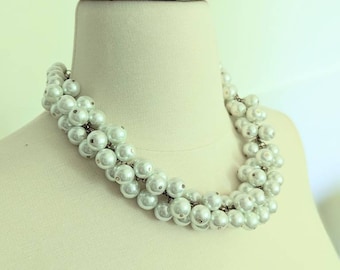 Collar llamativo de perlas gruesas: racimo de perlas de vidrio blanco nupcial
