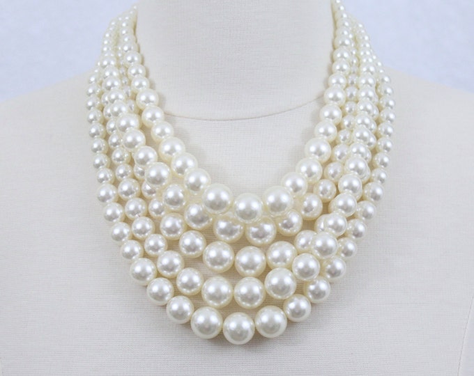 Chunky Layered Pearl Necklace Large Pearl Statement Necklace Giant Pearl Necklace Bridal Pearl Statement Necklace Earrings Set Ivory Pearl