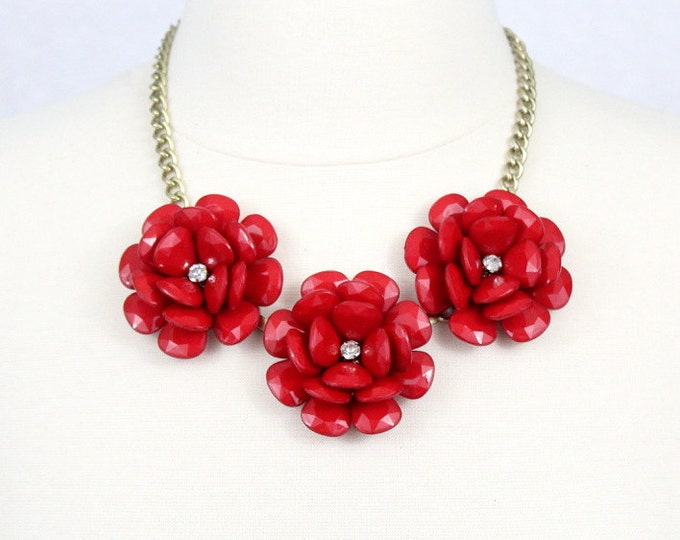 Red Necklace, Large Flower Statement Necklace,  Red Beaded Rose Jewelry, Chunky Floral, Big Rosette Collar Necklace, Brides Maids Jewelry
