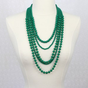 Dark Green Beaded Statement Necklace: Five-Strand Resin Beads