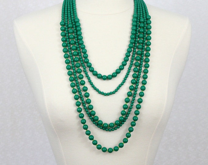 Dark Green Multi Strand Beaded Necklace Five Strand Statement Necklace Beads Layered Beaded Long Necklace