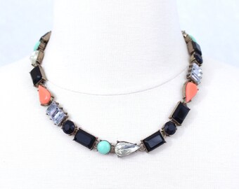 Resin Rhinestone Collar Necklace: Black & Orange Choker