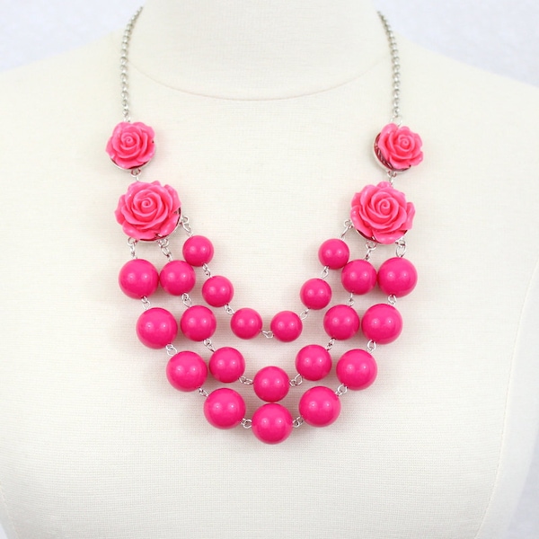 Rose Statement Necklace Multi Strand Bubble Necklace Flower Bib Necklace Hot Pink Fuchsia Layered Necklace Multiple Strands Necklace Prom