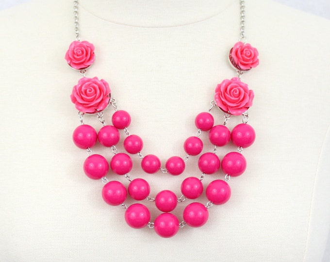 Rose Statement Necklace Multi Strand Bubble Necklace Flower Bib Necklace Hot Pink Fuchsia Layered Necklace Multiple Strands Necklace Prom